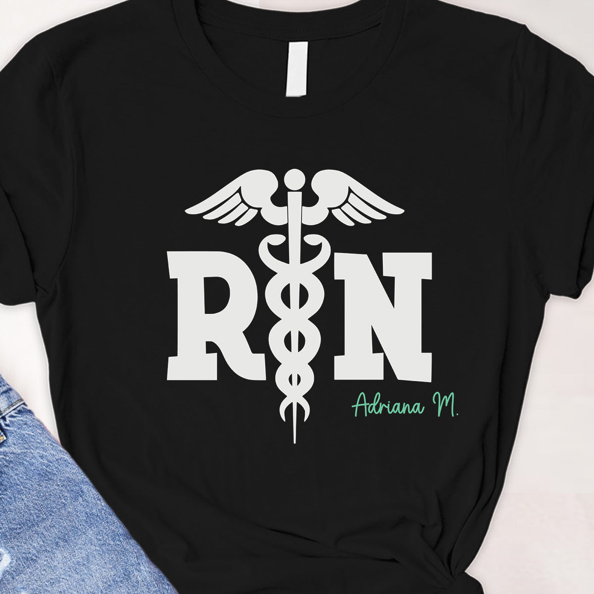 Register Nurse, rod of Asclepius Tee - Custom name