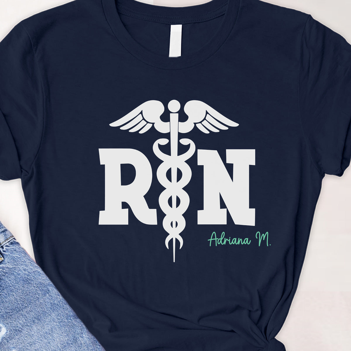 Register Nurse, rod of Asclepius Tee - Custom name